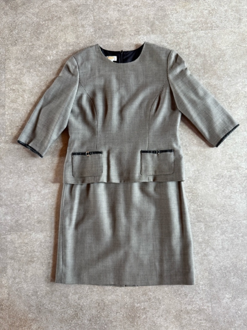 Talbots Petites 14P 100% Wool Houndstooth Skirt Suit Gray Vintage Blazer Set